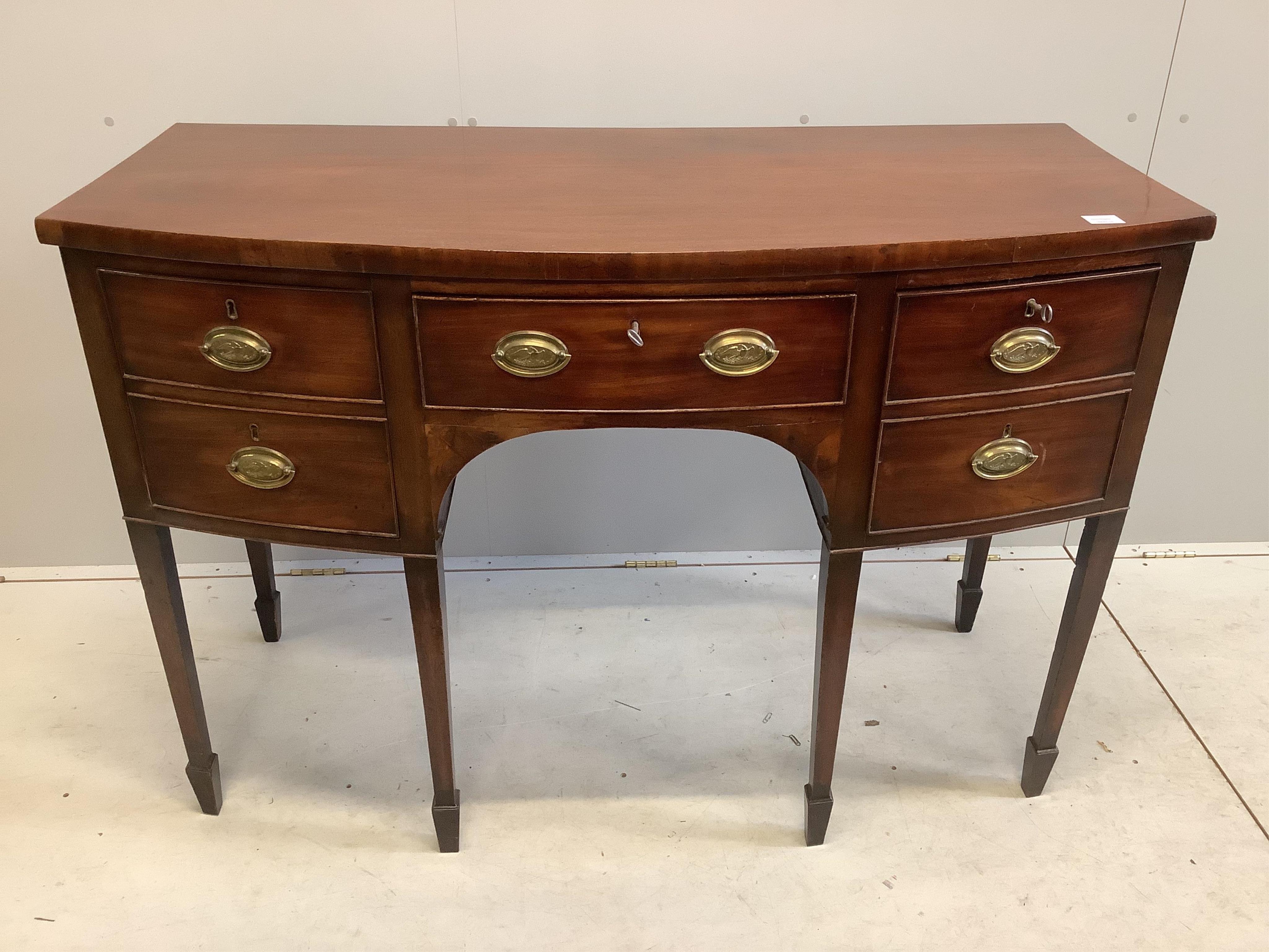 A George III mahogany bow front sideboard, width 136cm, depth 62cm, height 93cm. Condition - fair